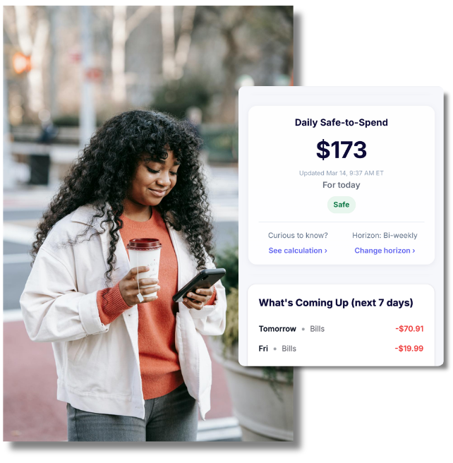 woman checking the Lumi Money app on mobile device to see what is safe to spend today v2